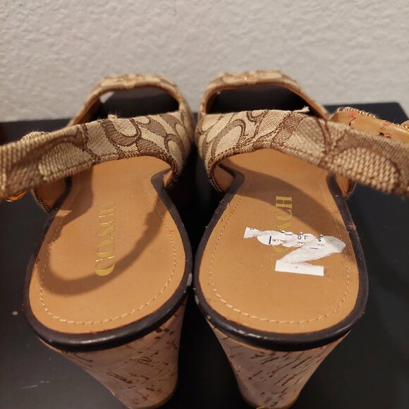 Coach monogram, caramel and brown wedge shoe. - Picture 2 of 6